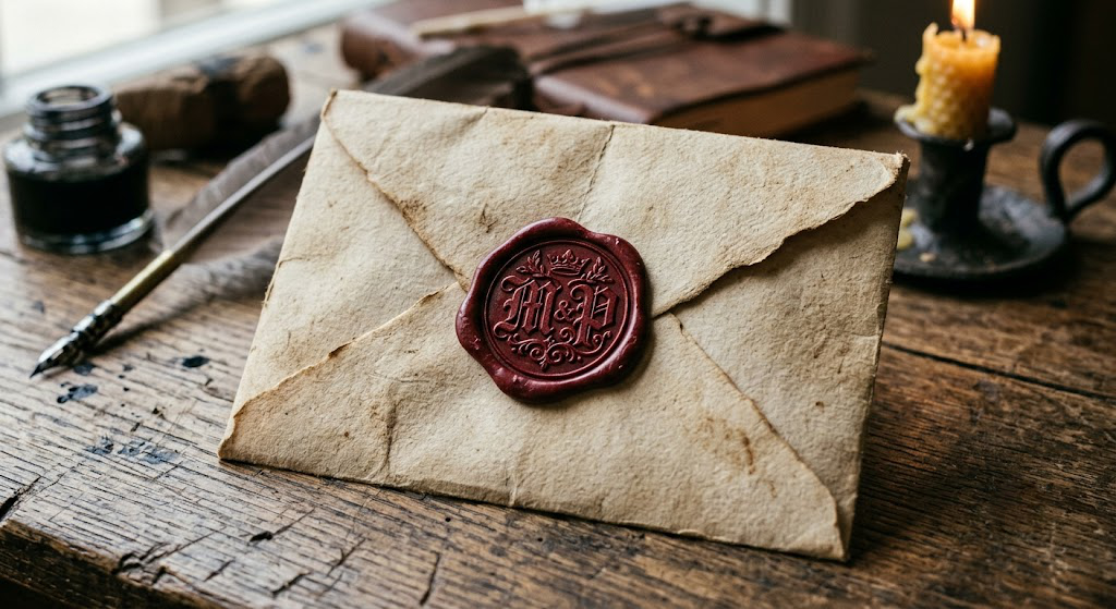 Sobre de papel artesanal cerrado con un lacre rojo con el monograma M&P